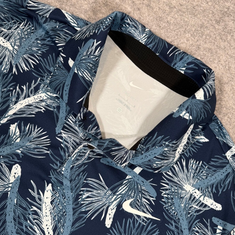 Nike Dri-FIT Mens Golf Polo Shirt Large Blue Pine Needle Print Performance Top